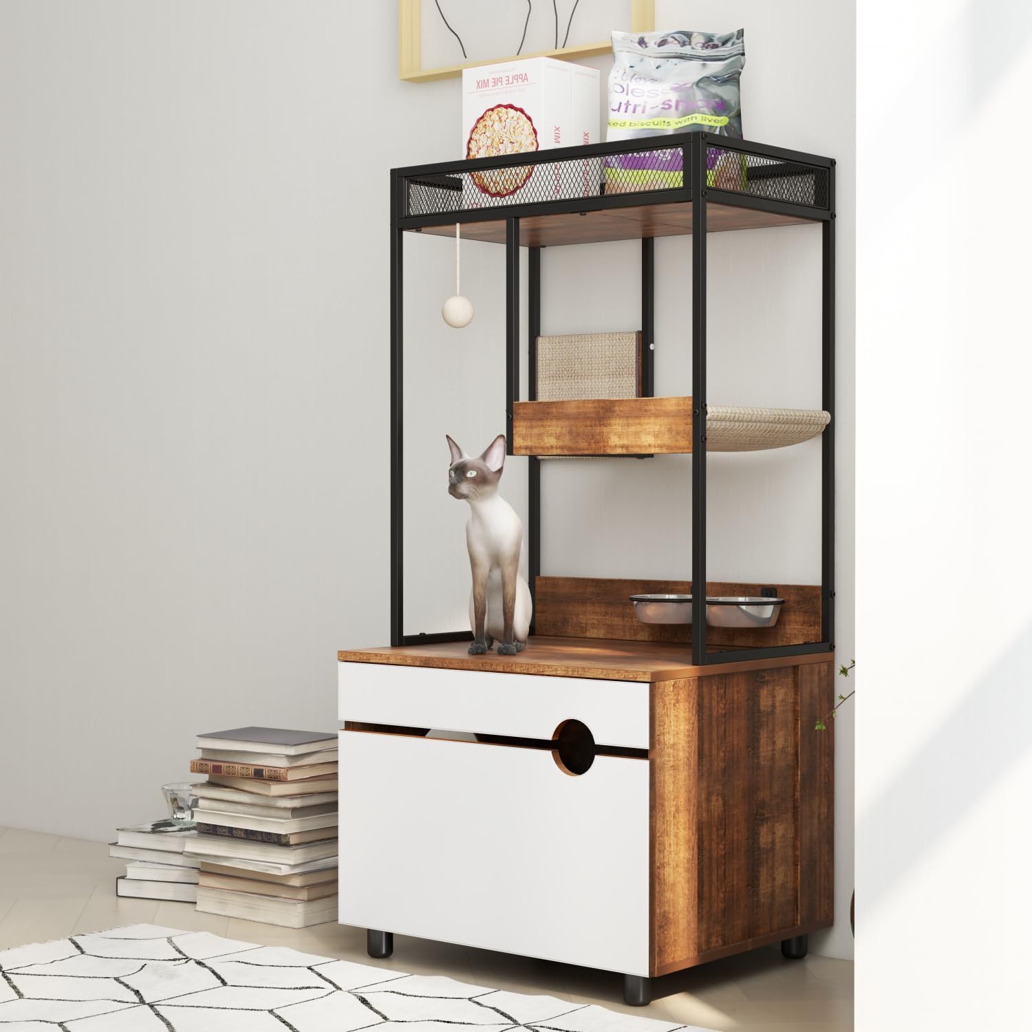 Cat Litter Box Enclosures with Cat Tree Tower, Cat Furniture,Cat Cabinet