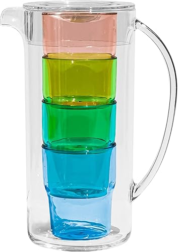 TarHong Juego de jarras anidadas apiladas simples con 4 vasos de colores surtidos, 91 onzas, plástico premium, juego de 5 piezas
