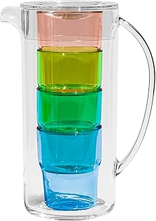 Abode Homewares Simple Durable Acrylic 91 oz Pitcher with Lid and 4 Assorted Color Acrylic Glasses for Outdoor Parties and Entertaining