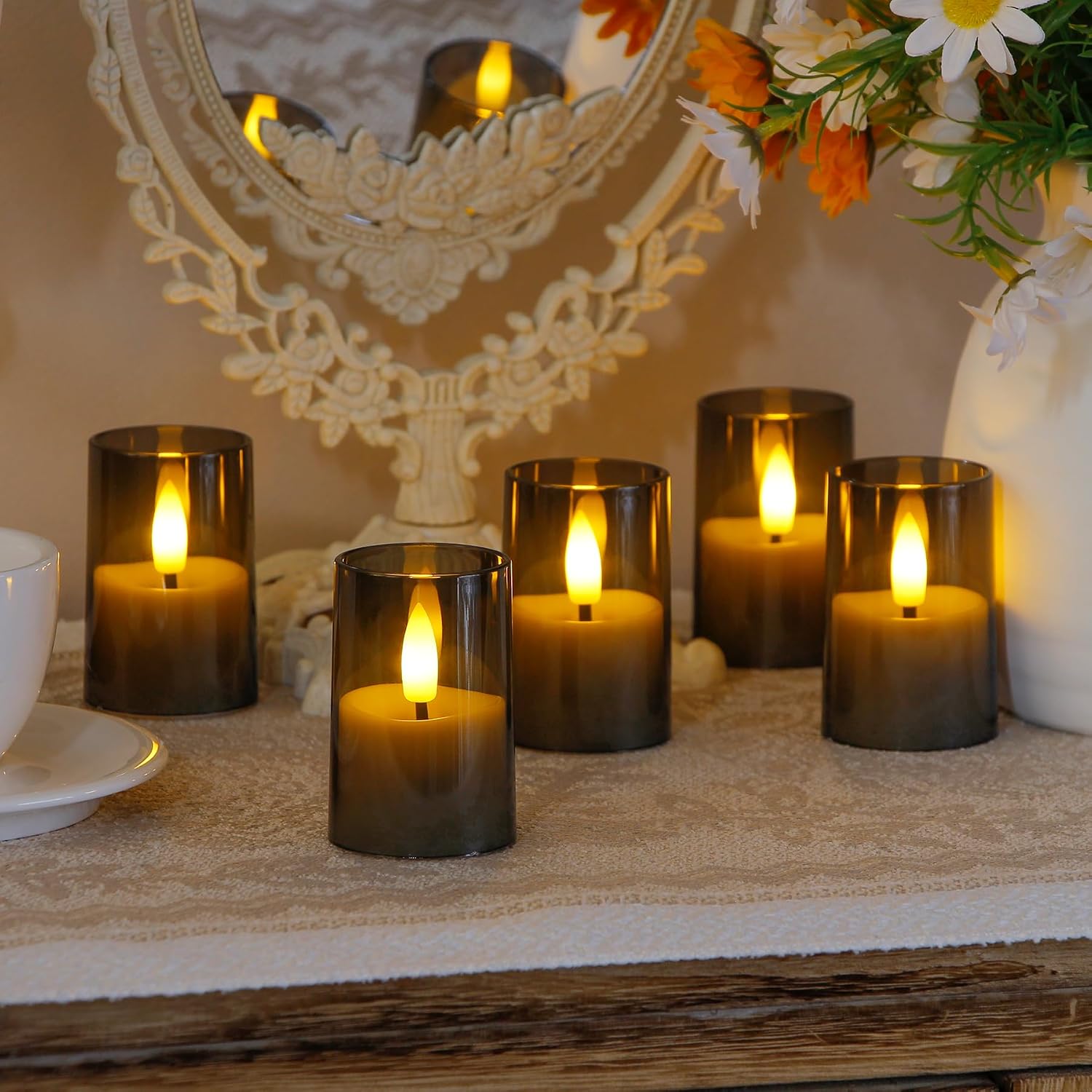 Flameless Small Tea Light LED Candles, Acrylic Battery Operated Votive 1.7" x2.5" with Remote Control and Timer, Tealight Grey Flickering Warm Light Pack of 15 Electric Long Lasting