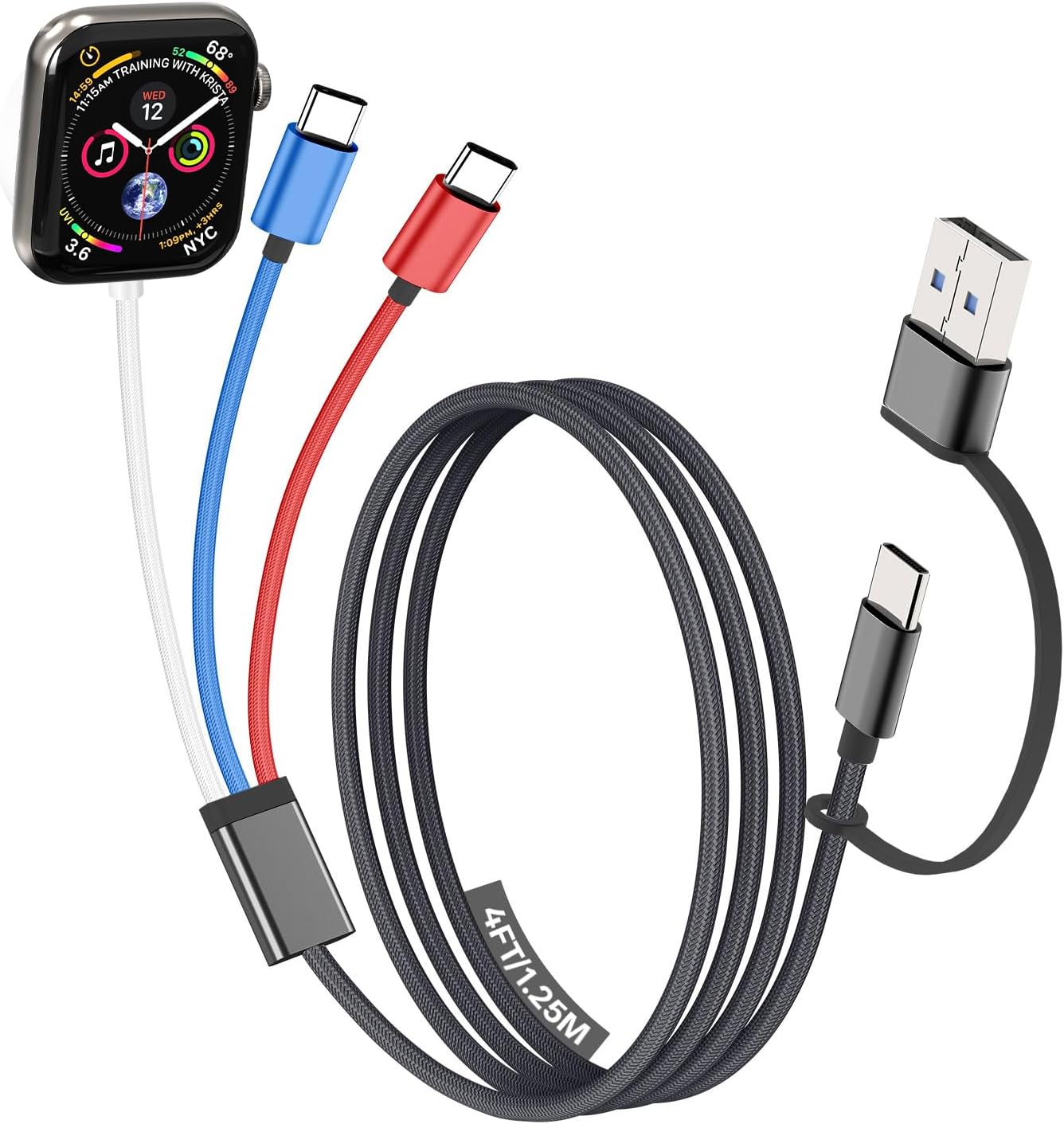 Travel Essentials for Apple Watch Charger, Multi Charging Cable for iPhone Charger, 3 in 2 USB C Cable Cord Compatible with iWatch Ultra/10-1/iPhone 16-15/Samsung S25-20, iPad, AirPods-Multicolor,4FT