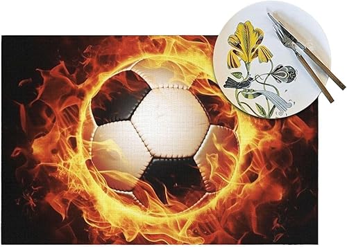 Miniatura 5 de 6 PCS PVC Placemats Set Place Mats Burning Football Non-Slip Weave Place Mats 12" x 18" Farmhouse Table Mat Set for Family Dinners Wedding Parties