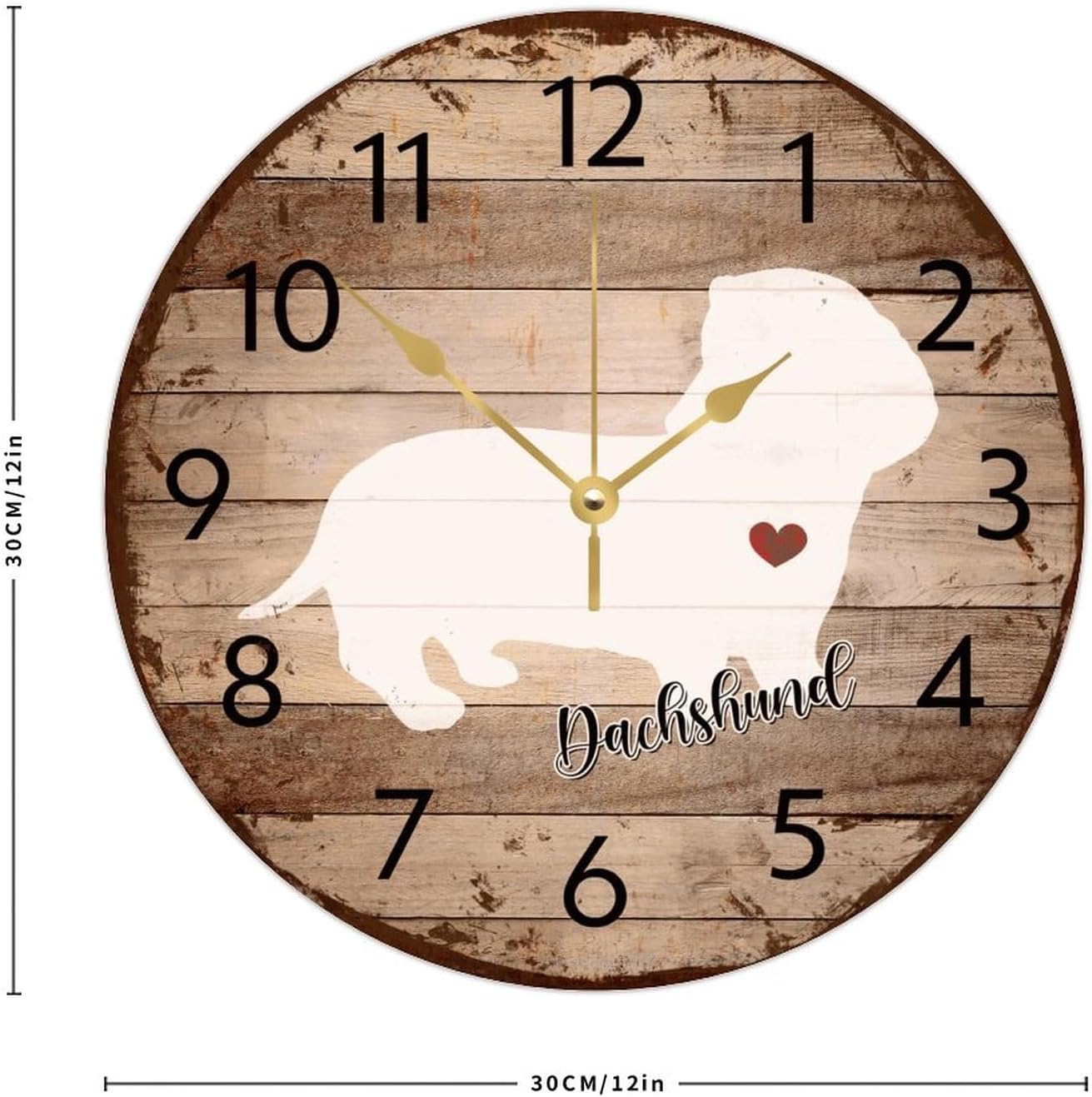 12 Inch Silent Non-Ticking Wall Clocks Battery Operated Dachshund Home Decor for Hotel Memorial Pet Portrait Red Heart Frameless Round Wooden Wall Clock Rustic for Dining Room Restaurant