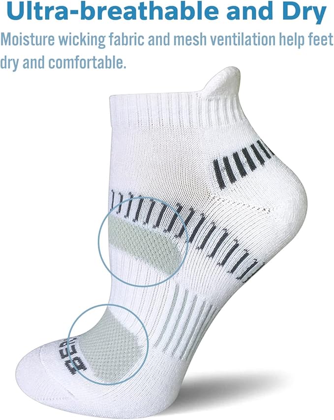Close-up view of BERING Women's Performance Athletic Ankle Running Sock highlighting ultra-breathable and dry features, with circled mesh ventilation panels on the arch and top that, combined with moisture-wicking fabric, help keep feet dry and comfortable during running, workouts, and athletic activities, shown in white with ribbed design and cushioned support