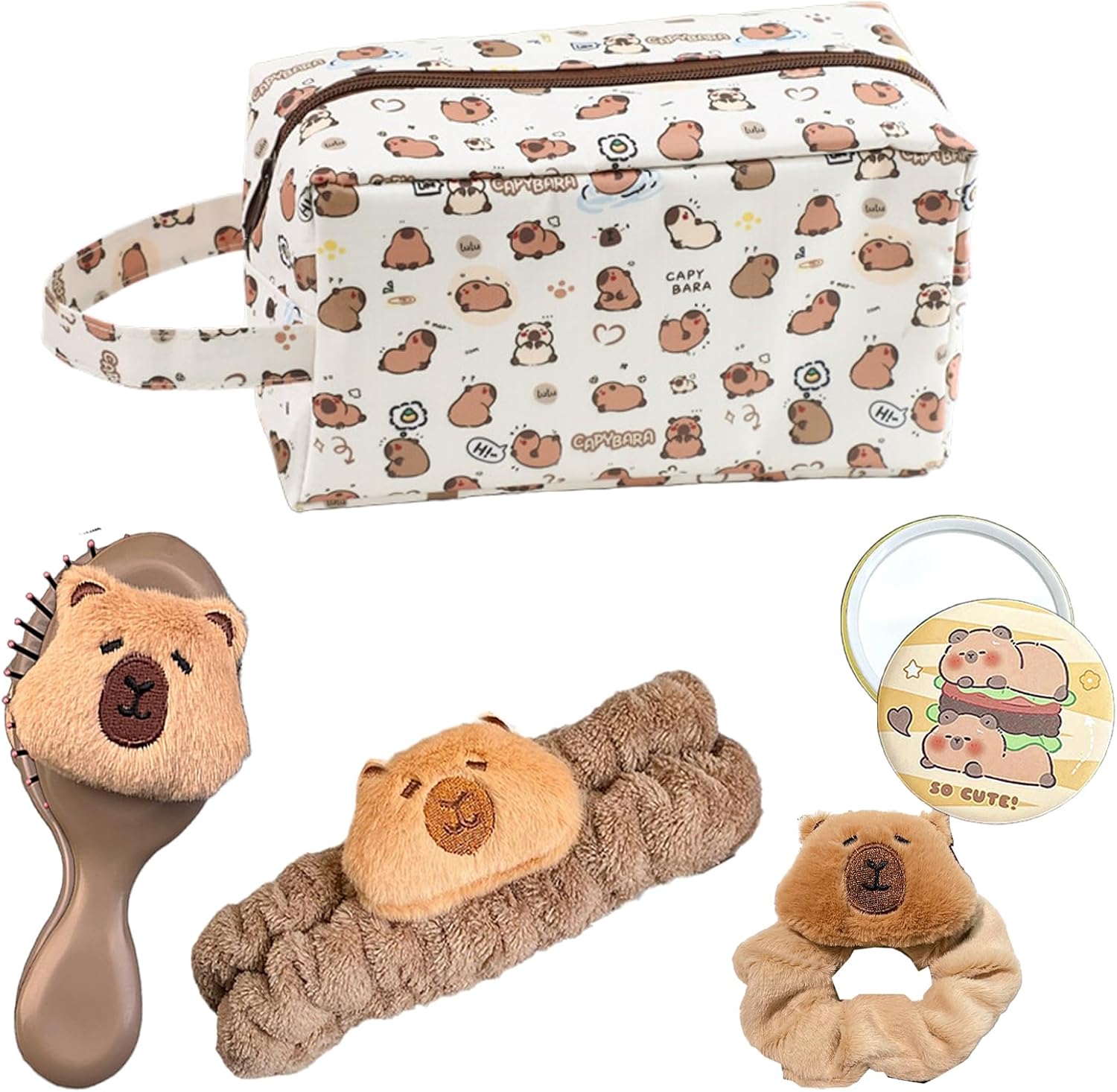 Capybara Makeup Bag,Cute Travel Cosmetic Bag Sets Include Capybara Travel Toilet Bag,Mirror, Hair Brush,Capybara Hairbands and Hair bands for t Girls Women Gift. (Capybara 2)