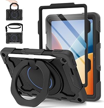ROISKIN Hülle für Xiaomi Redmi Pad 2 9.7 Zoll/Redmi Pad 2 SE 2026Schwarz mit Displayschutz360° Drehbarer StänderSchultergurtStifthalter Heavy Duty Stoßfeste Kinder Hülle für Xiaomi Poco Pad C1