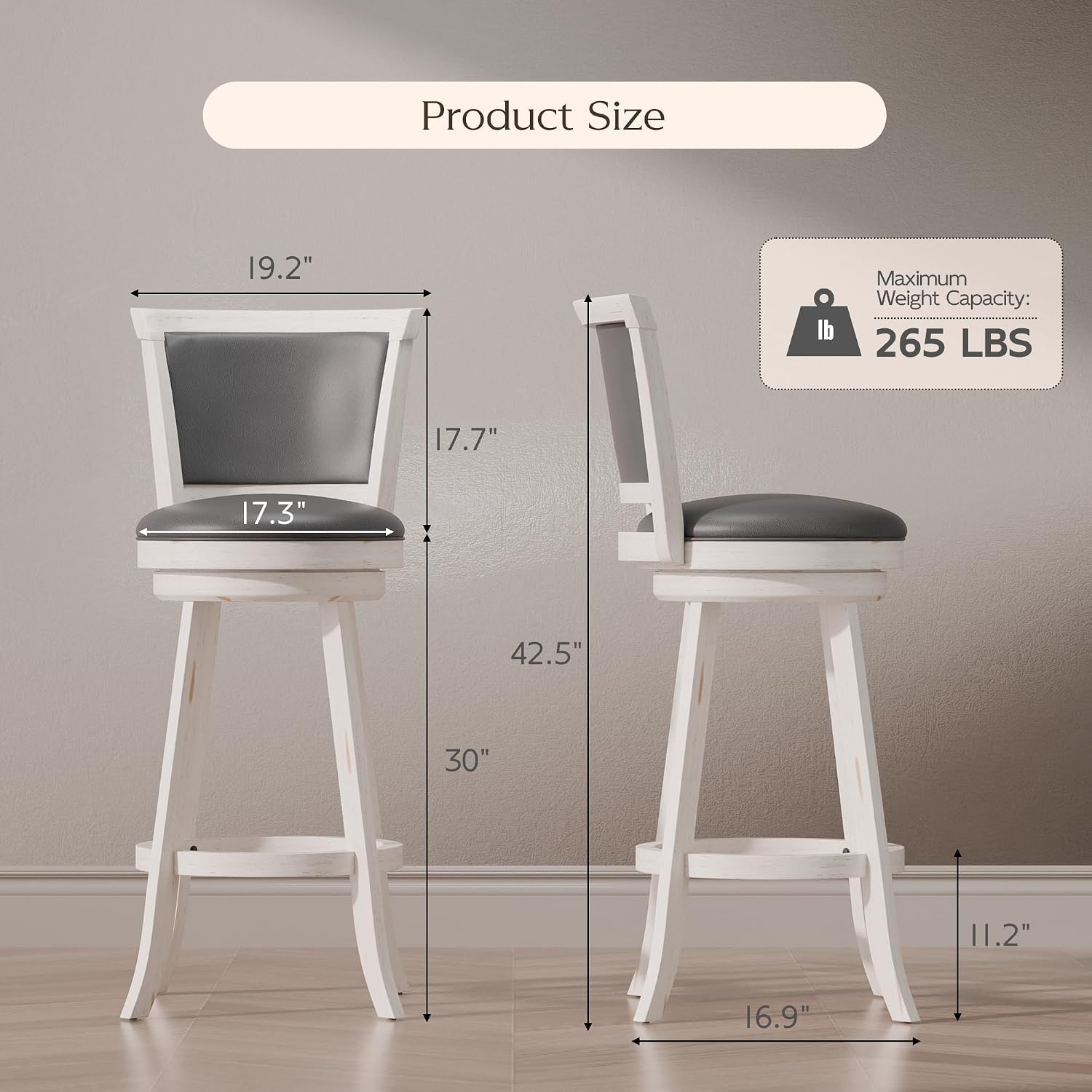 Bar Stools Set of 2, Farmhouse 30" Counter Height Barstools with Leather Back, 360° Swivel Bar Chair with Solid Wood Legs & Footrest for Kitchen Island, Home Bar, Pub. Antique White