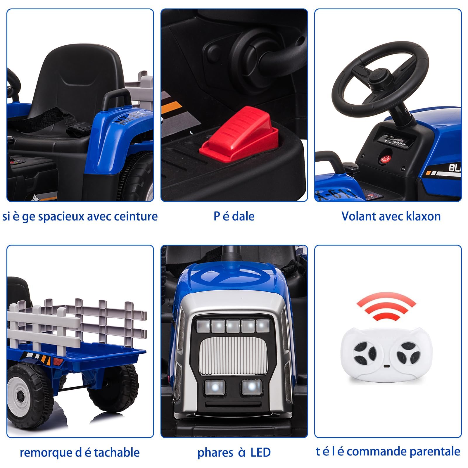 Tracteur Électrique Enfant avec Remorque Amovible, Voiture Électrique 35W Moteur Double, Télécommande Parentale, LED, Musique, 3 Vitesses, Bleu