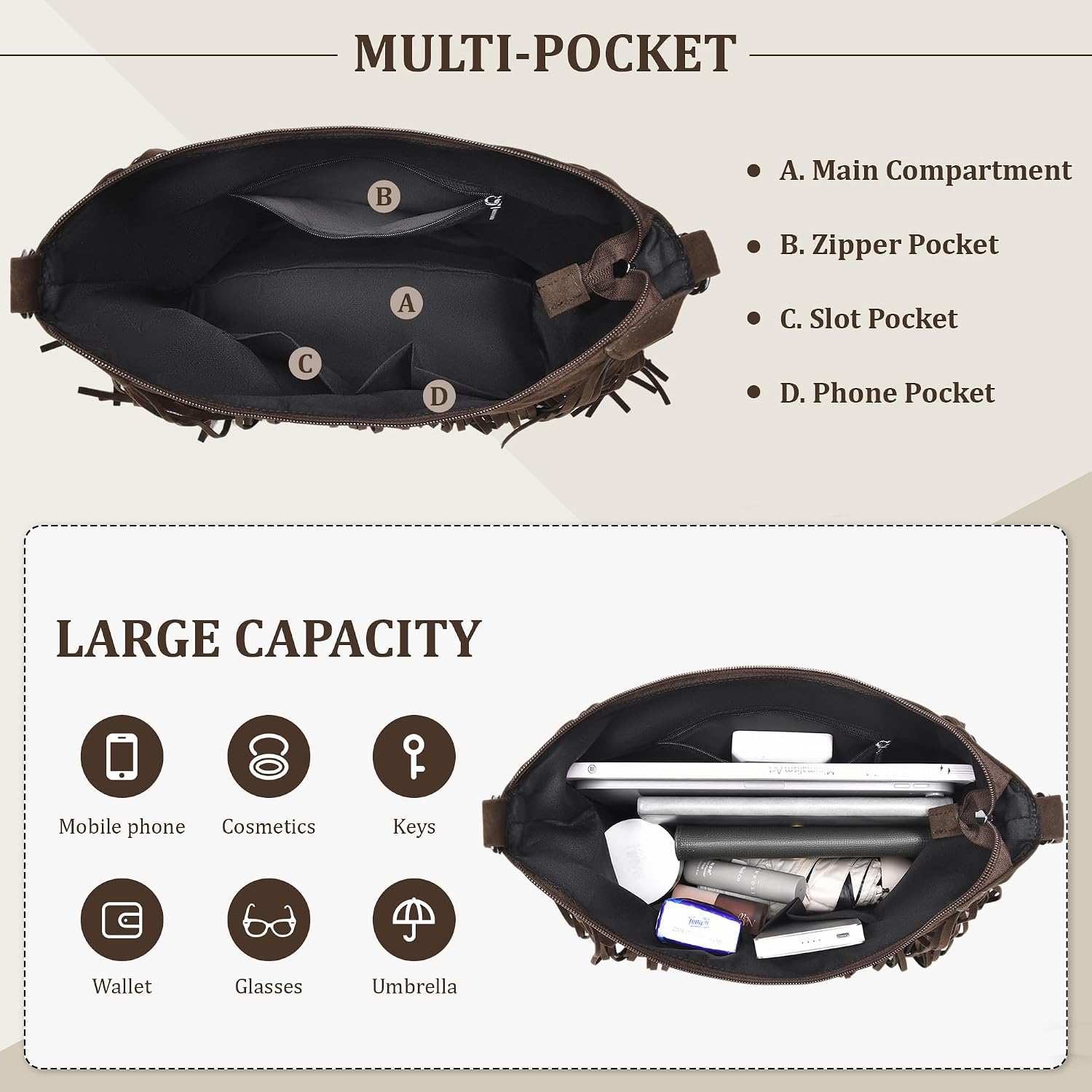 Fringe Hobo Bags for Women Vintage Suede Crossbody Bag Hippie Western Cowgirl Purses Tassel Shoulder Bag