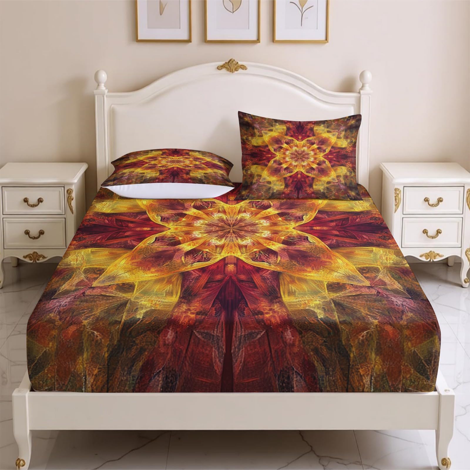 Lenzuolo con Angoli 180 x 200 cm Microfibra Caleidoscopio astratto Lenzuolo Sotto Elasticizzato Profondo 25 cm giallo per Singolo e Matrimoniale