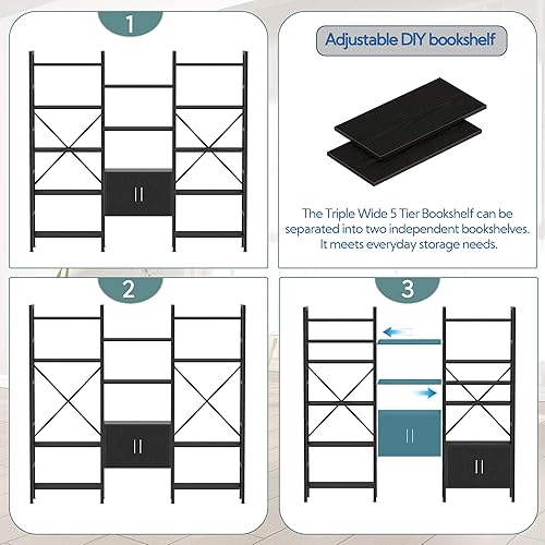 Miniatura 7 de Yusong Estantería triple ancha de 5 niveles con armario de almacenamiento, estantería industrial grande moderna con 12 estantes abiertos para sala