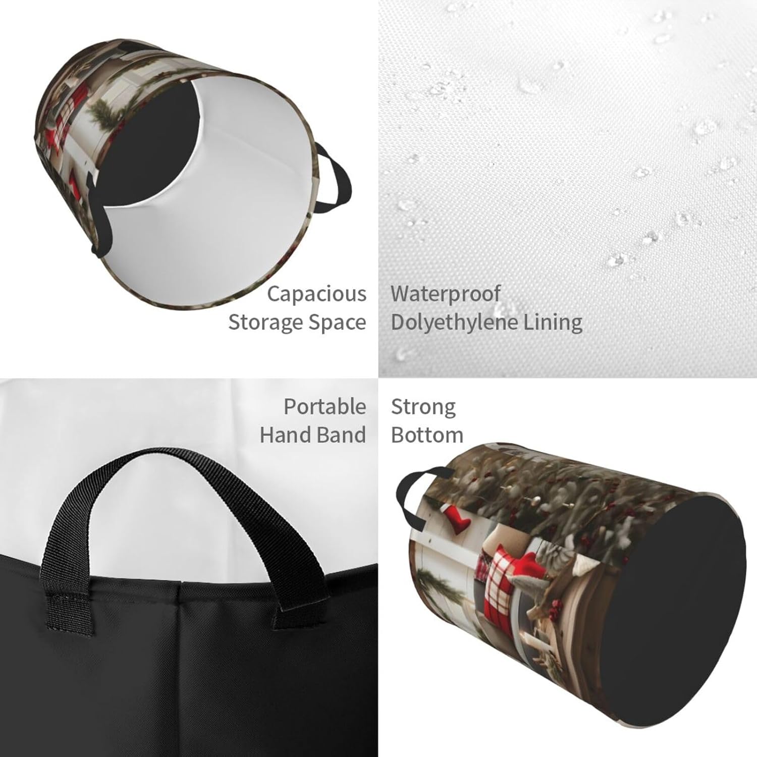 Farmhouse Christmas Parrern Round Waterproof Oxford Fabric Large Clothes Basket Laundry Hamper With Handles,Toy Storage