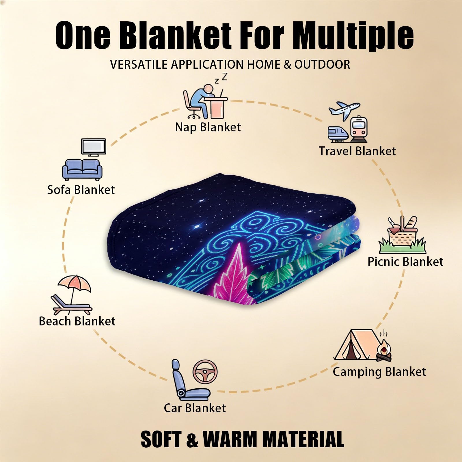 Generisch Manta de 180 x 200 cm, manta de franela suave psicodélica, manta de forro polar, diseño de hojas, niebla, estrellas, manta de sofá, para cama, sofá, dormitorio
