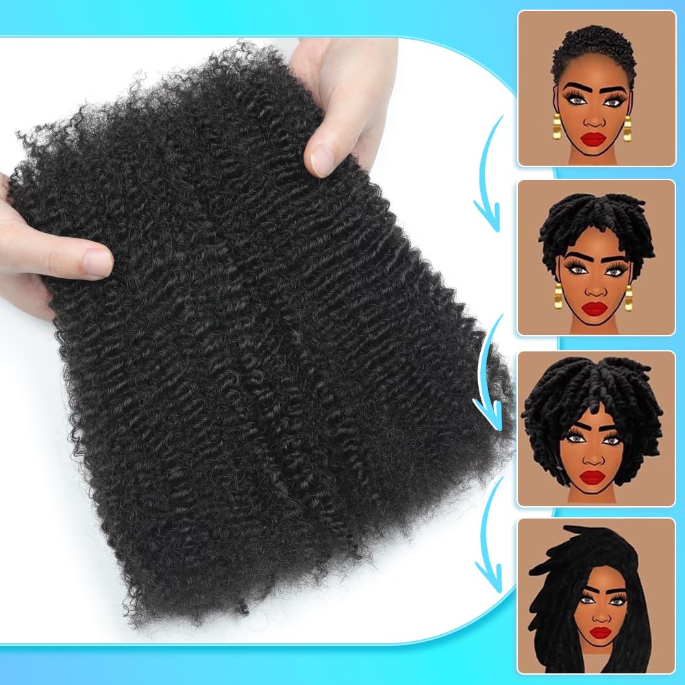 Afro Kinkys Bulk Human Hair 12 Inch Afro Kinky-Curly Human Hair Bulk for Twist Dreadlock Extensions Locs Repair Soft 4C Curly for Braids 4 Bundles 60 Gram Natural Color#