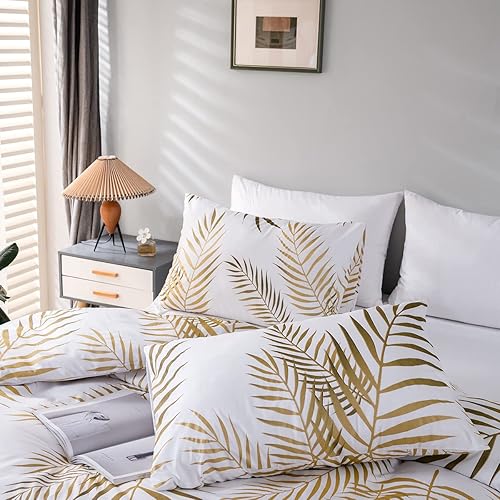 Miniatura 4 de mixinni Funda de edredón con estampado de hojas blancas, 2 fundas de almohada, funda de edredón moderna de hojas doradas, juego de ropa de cama