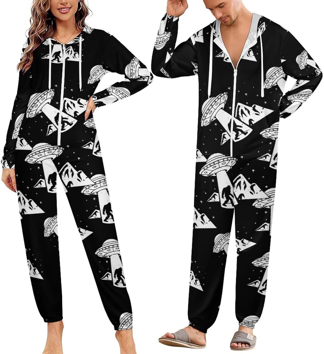 Bigfoot Spaceship Aliens Adult Pajamas Onesie with Hood Pocket Jumpsuits One Piece Sleepwear