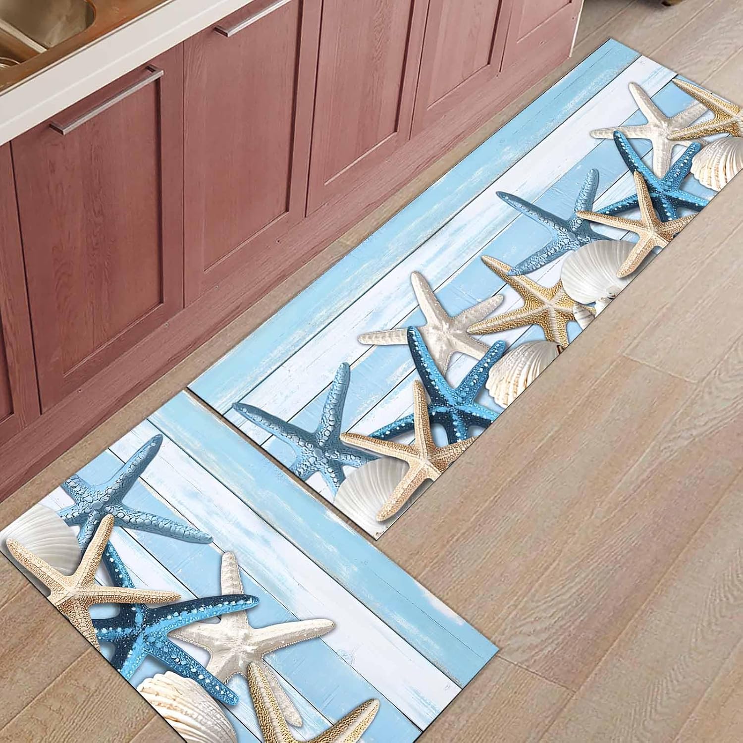 2 Pieces Kitchen Rugs and Mats,Coastal Ocean Shell Starfish Area Runner Rug Set Non Slip Floor Doormat Washable Carpet Standing Mat for Kitchen Sink Indoor Corridor,Nautical Blue Gradient Wood