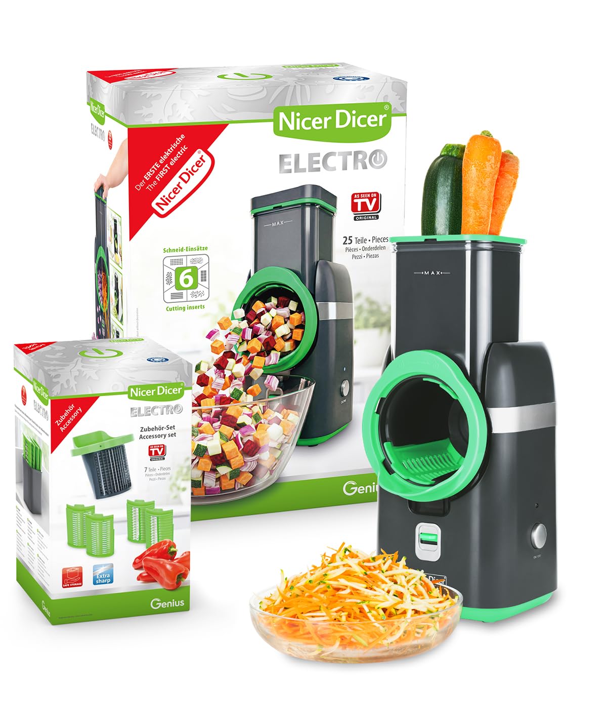 Nicer Dicer Electro Gemüsehobel elektrisch Deluxe Set 32 tlg, Gemüseschneider automatisch, Käsereibe für Gemüse, Obst, Nüsse, 9 Extrascharfe Einsätze, Einfache Reinigung, Leistungsstark