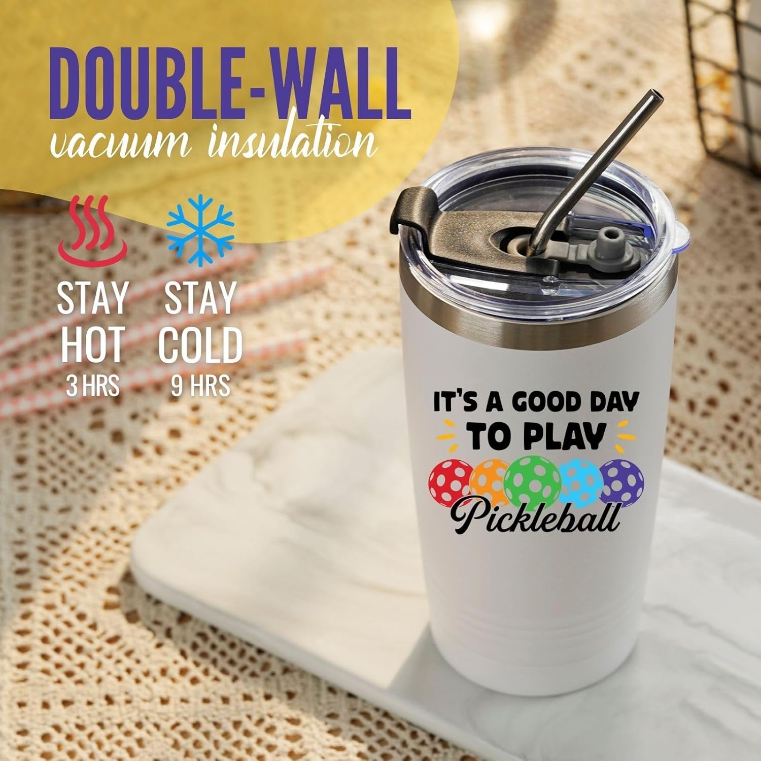 Onebttl Pickleball Gifts, Good Day to Play Pickleball, Insulated 20oz Stainless Steel Travel Tumbler with Lid - Image 5