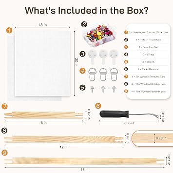ktondic Needlepoint Blank Canvas Kit, with 2Pcs 13CT 20x18 Inch Blank Mesh, 3-Size Wooden Picture Frame, Nail Puller and Hanging Hardware for DIY Needlepoint