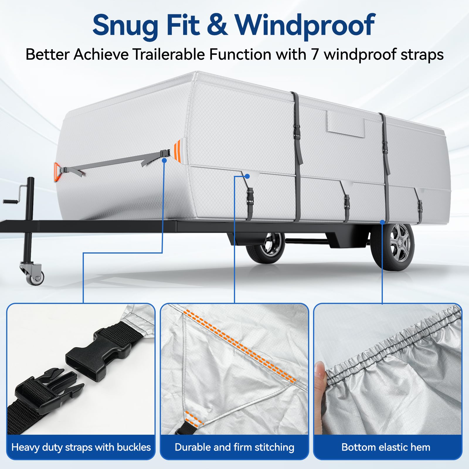 Cubierta Plegable de poliéster Plateado 420D Ripstop para Caravana de 10 a 12 pies con Bolsa de Almacenamiento, Impermeable, Anti-UV, Transpirable, Cubierta para Remolque con 5 + 2 Correas