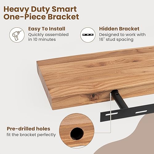 Miniatura 6 de Estantes flotantes para decoración de pared, estantes flotantes rústicos de madera maciza de olmo con borde vivo, estantes de pared con soporte