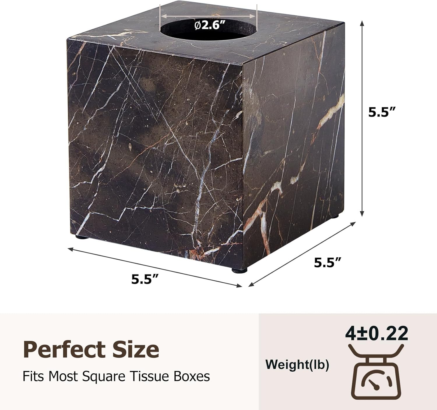 Real Natural Marble Tissue Box Cover, 5.5 Inch Square Marble Tissue Box Holder with Open Bottom, Heavy Stone Decorative Organizer for Bathroom Vanity, Kitchen Countertop, Luxury Home Décor