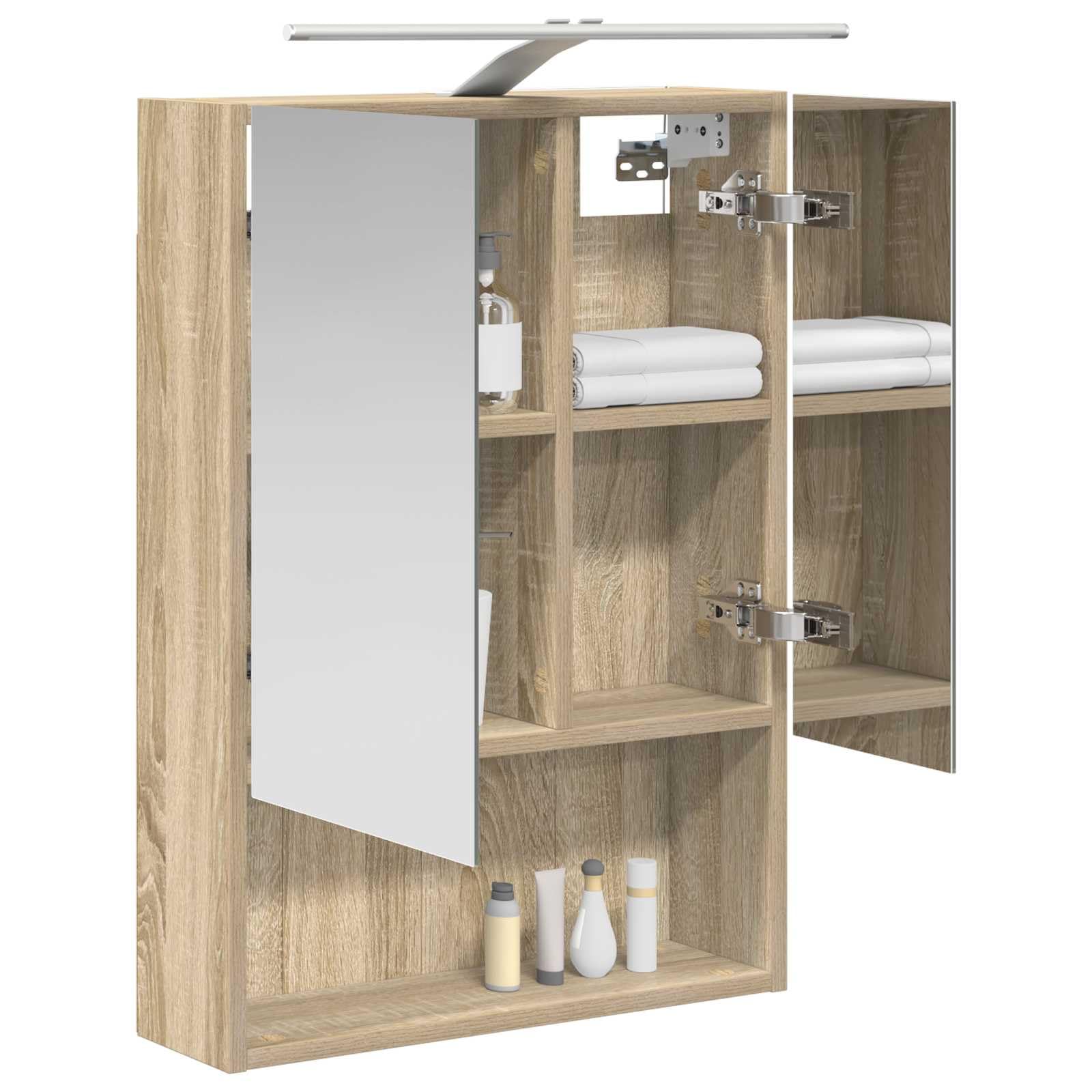 Szafka łazienkowa z lustrem Sonoma z drzwiami, 50 x 14,5 x 70 cm, materiał drewnopochodny, montowana na ścianie, z paskami LED, dwa regały, miejsce do przechowywania i dwukierunkowe lustro do