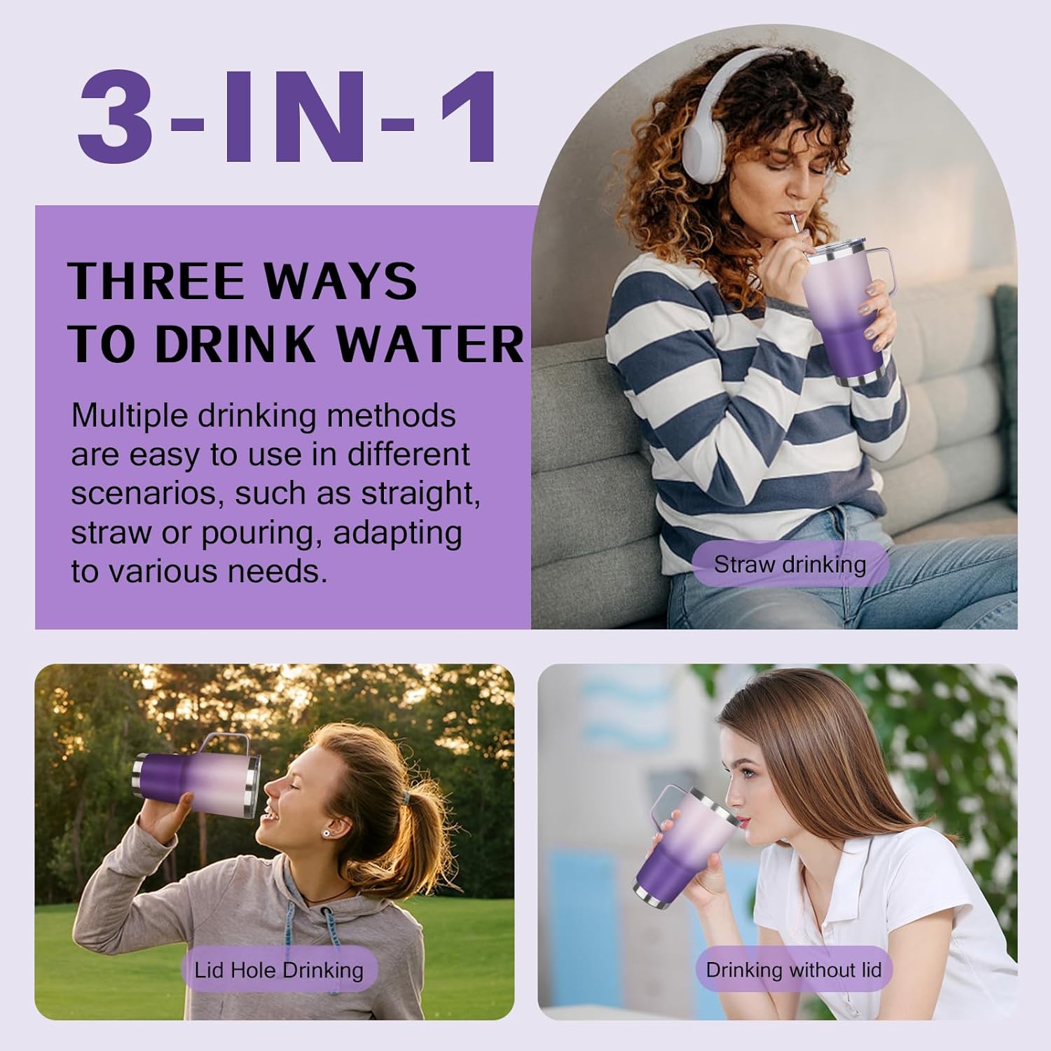 30 oz Tumbler with Handle, Stainless Steel Insulated Tumbler with Lid and Straw, Double Wall Vacuum Coffee Mug Tumbler, Insulated Coffee Thermal Cup for Cold and Hot (Light Dark Purple) - Image 5