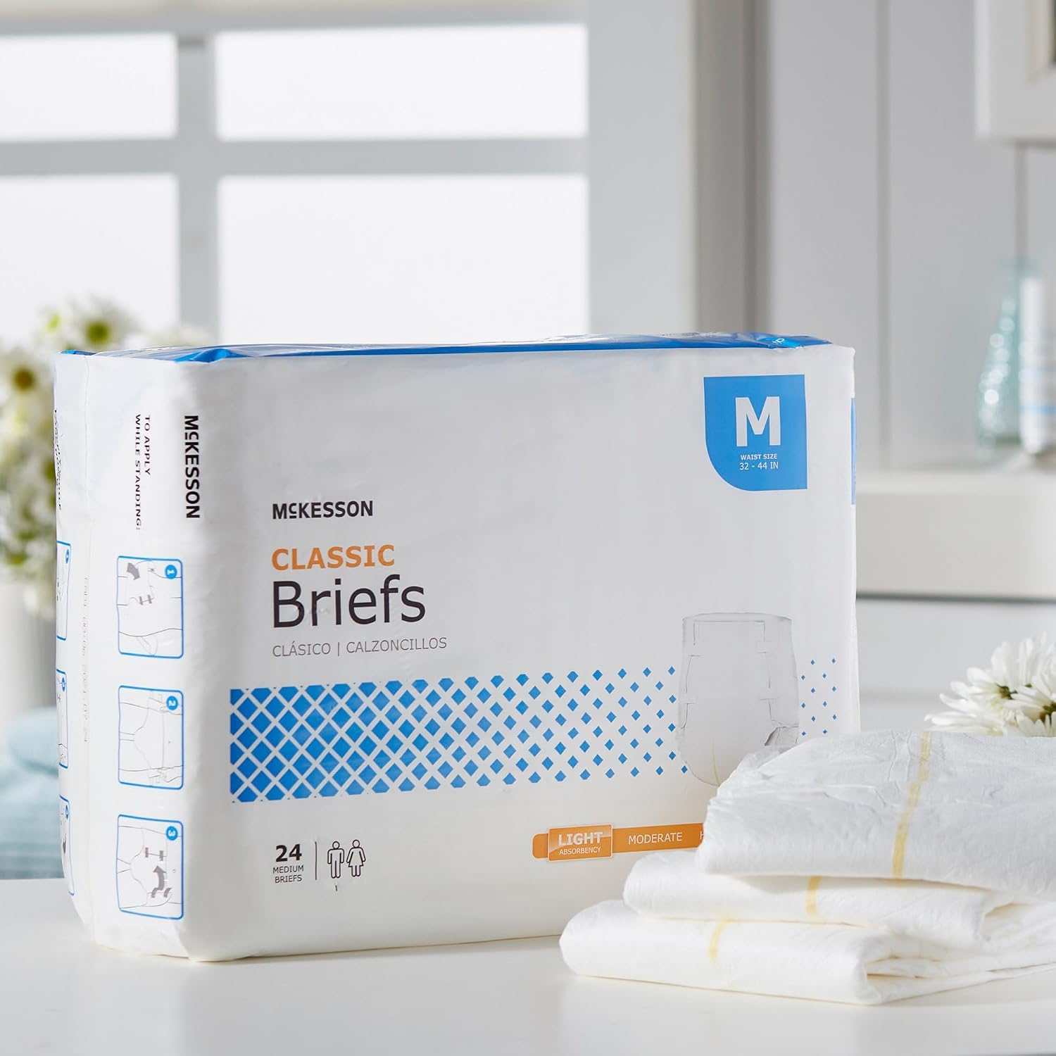 McKesson Classic Briefs, [96 Count], Medium, 32-44 in. Incontinence Adult Diapers, Light Absorbency, Unisex, Disposable, Elastic Leg Gathers and Contoured Fit for Men and Women