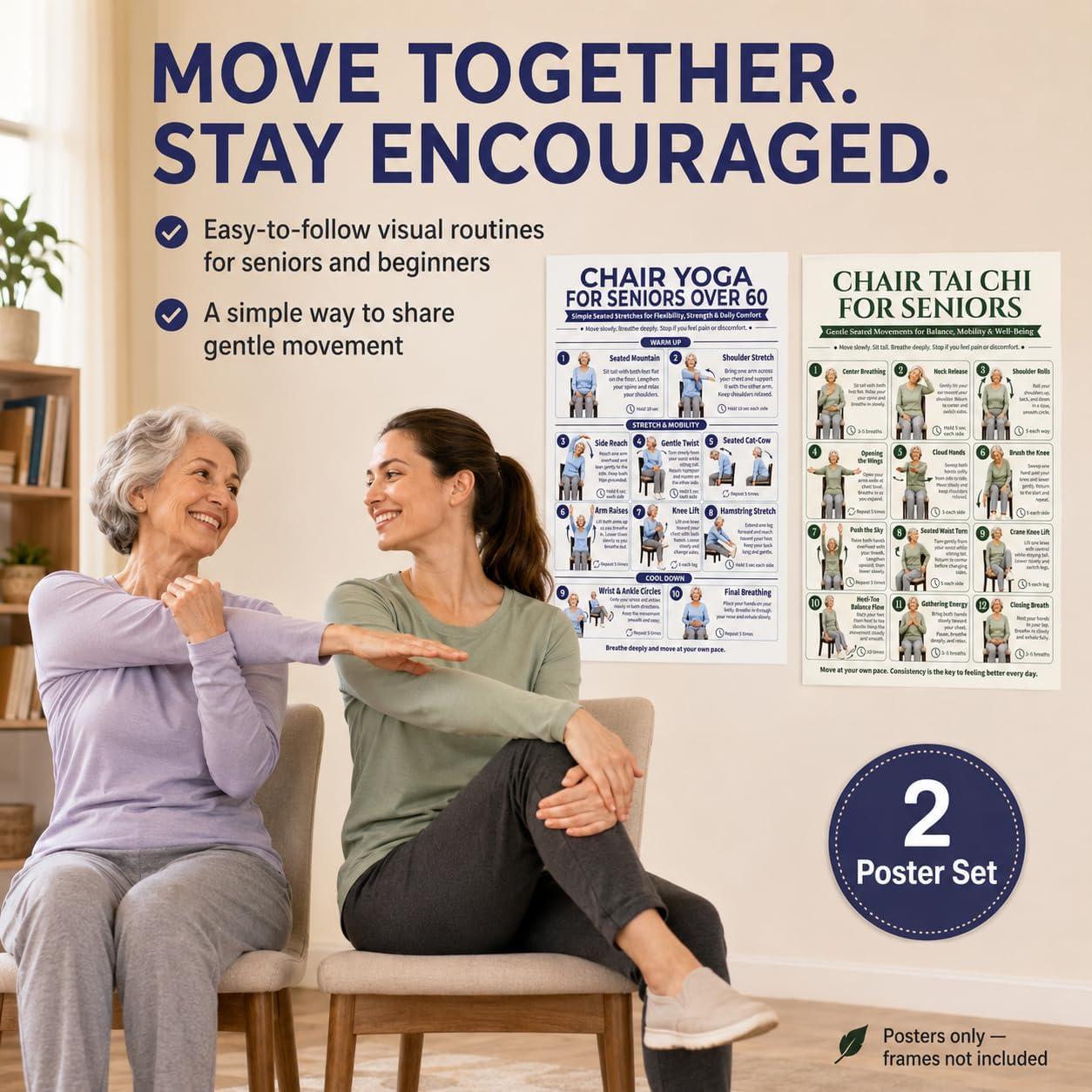 Tai Chi Chair Workout Chart, Chair Yoga for Seniors Over 60 Chart, 2 Pack 12 x 16 Inch Seated Exercise Wall Posters, 22 Gentle Movements