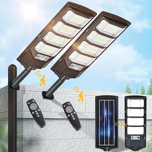 Miniatura 1 de Paquete de 2 luces solares para exteriores, impermeables, 6500 K, 12000 lúmenes, 5730SMD, luces de inundación solares del atardecer al amanecer, luz