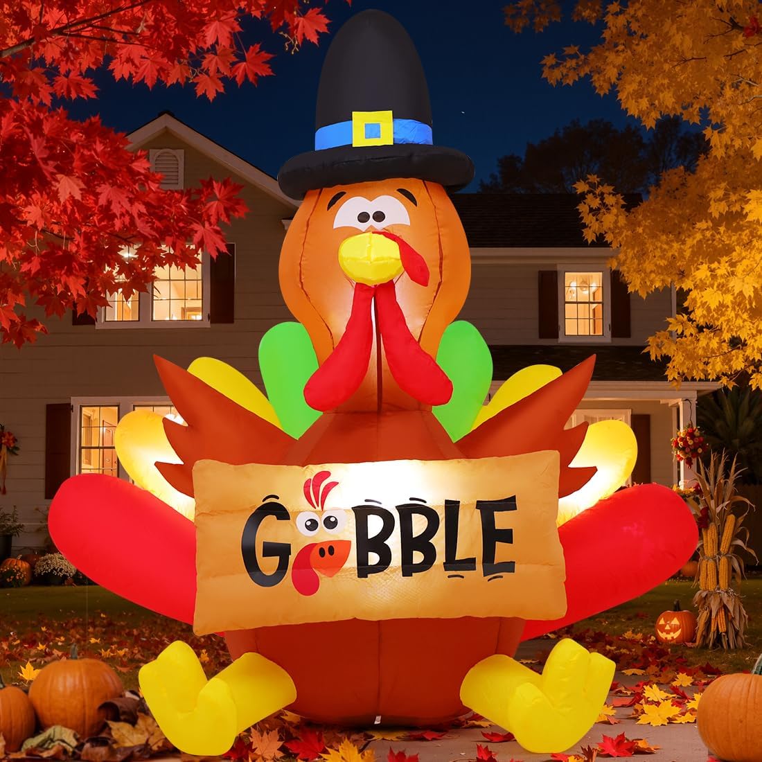 GOOSH 5FT Thanksgiving Inflatables Turkey Outdoor Decorations with Built-in LED Lights,Blow Up Turkey with Hat for Lawn Yard Garden Party House Holiday Decor