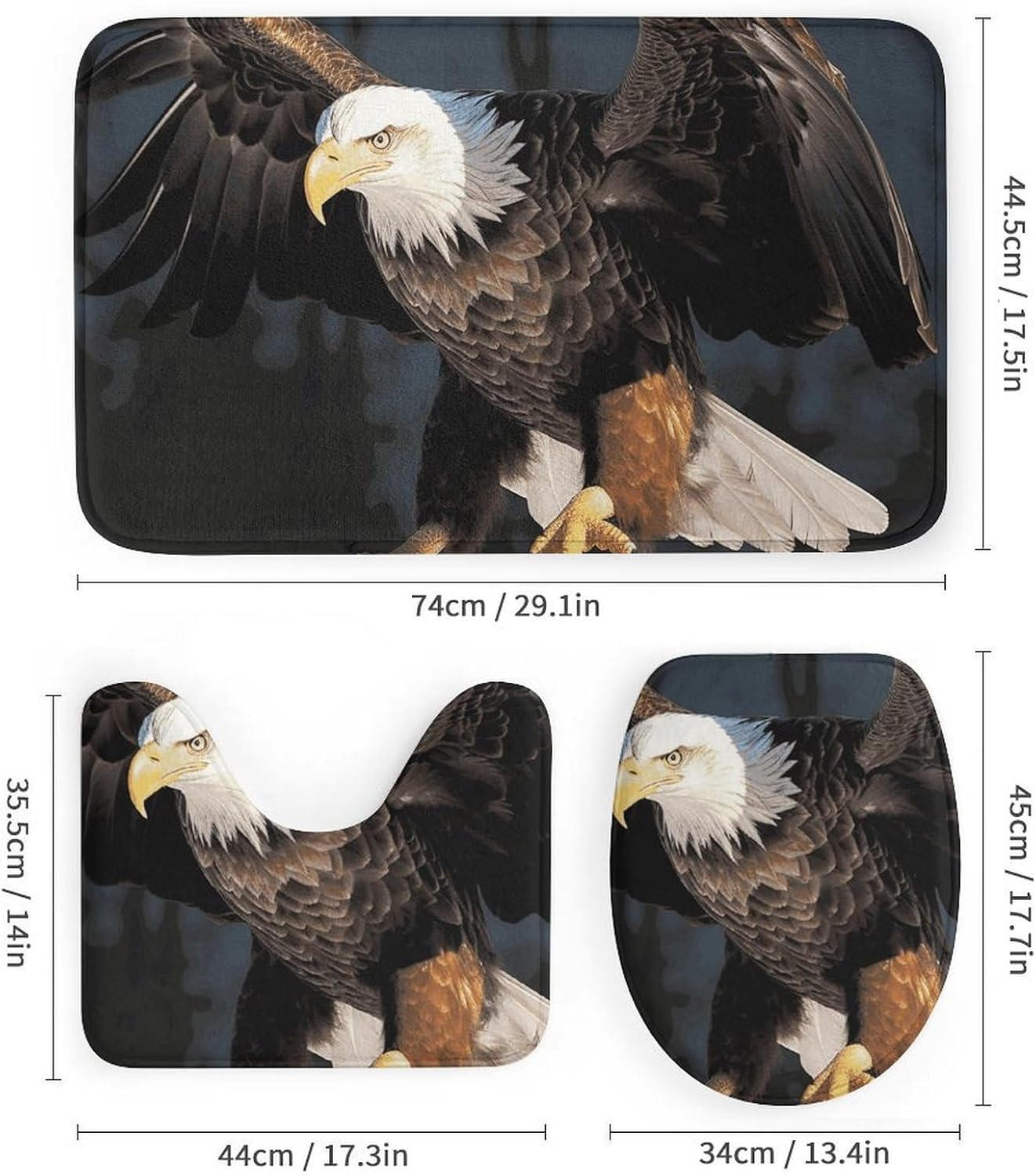 3D Bald Eagle Shower Curtains Set 4 Piece with Non-Slip Rugs, Toilet Lid Cover and Bath Mat Soft Bathroom Carpet Waterproof Bathroom Curtain with 12 Hooks for Bathroom Decor