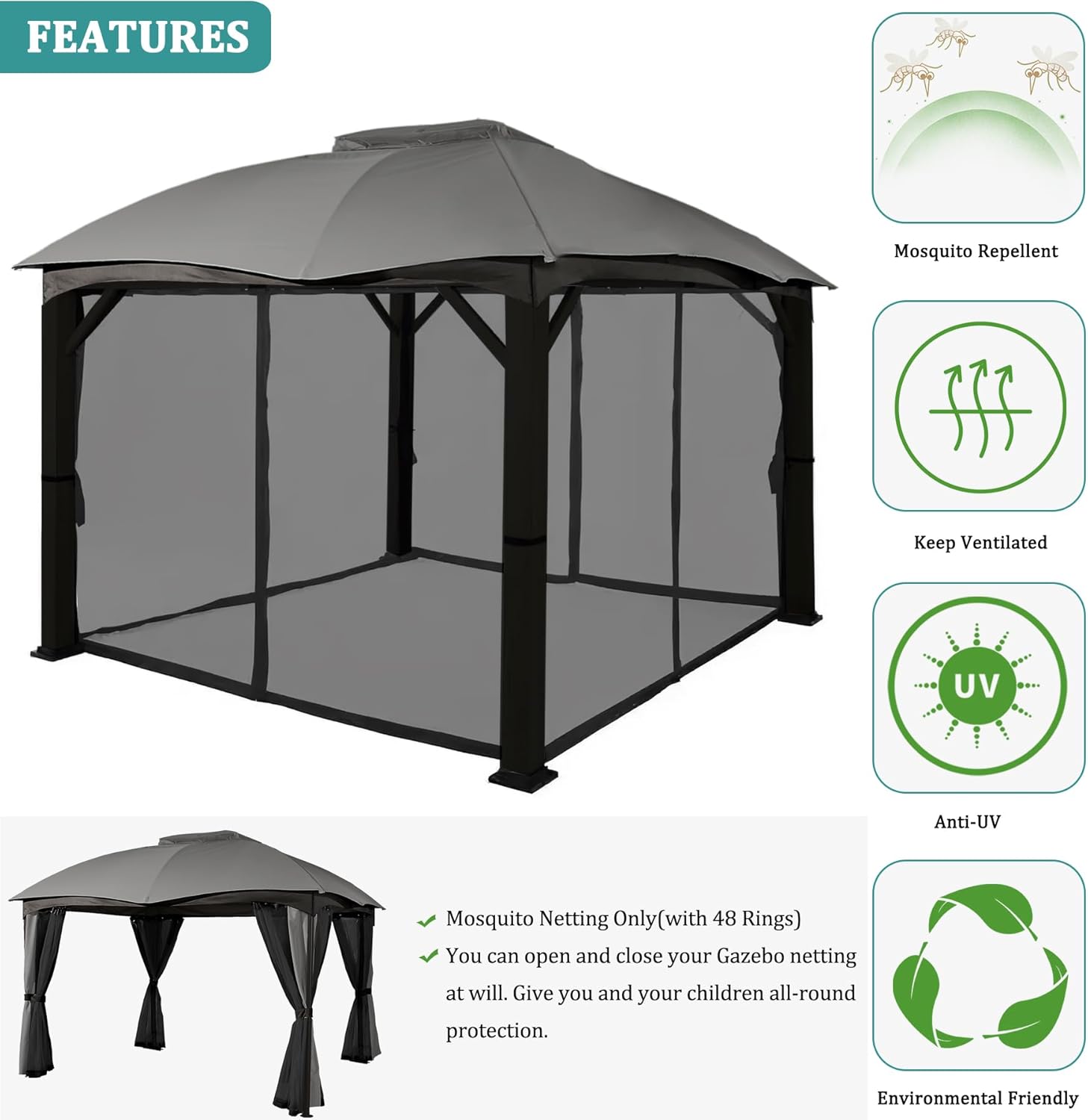 10x12ft Replacement Mosquito Netting, Universal Gazebo Netting with Zippers for Outdoor Garden Patio Gazebo 4-Panel Screen Sidewalls, Black (Mosquito Net Only)