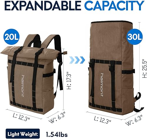 Miniatura 6 de Haimont Mochila enrollable para hombres y mujeres, resistente al agua, mochila de viaje casual con compartimento para laptop, 20L, Caqui, Mochilas