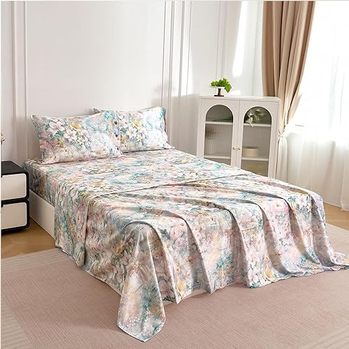 Miniatura 8 de Zusbest Juego de sábanas florales tamaño King de 400 hilos, 100 % algodón, cálido, lujoso, rosa, verde, con botones, 4 piezas, doble cepillado,