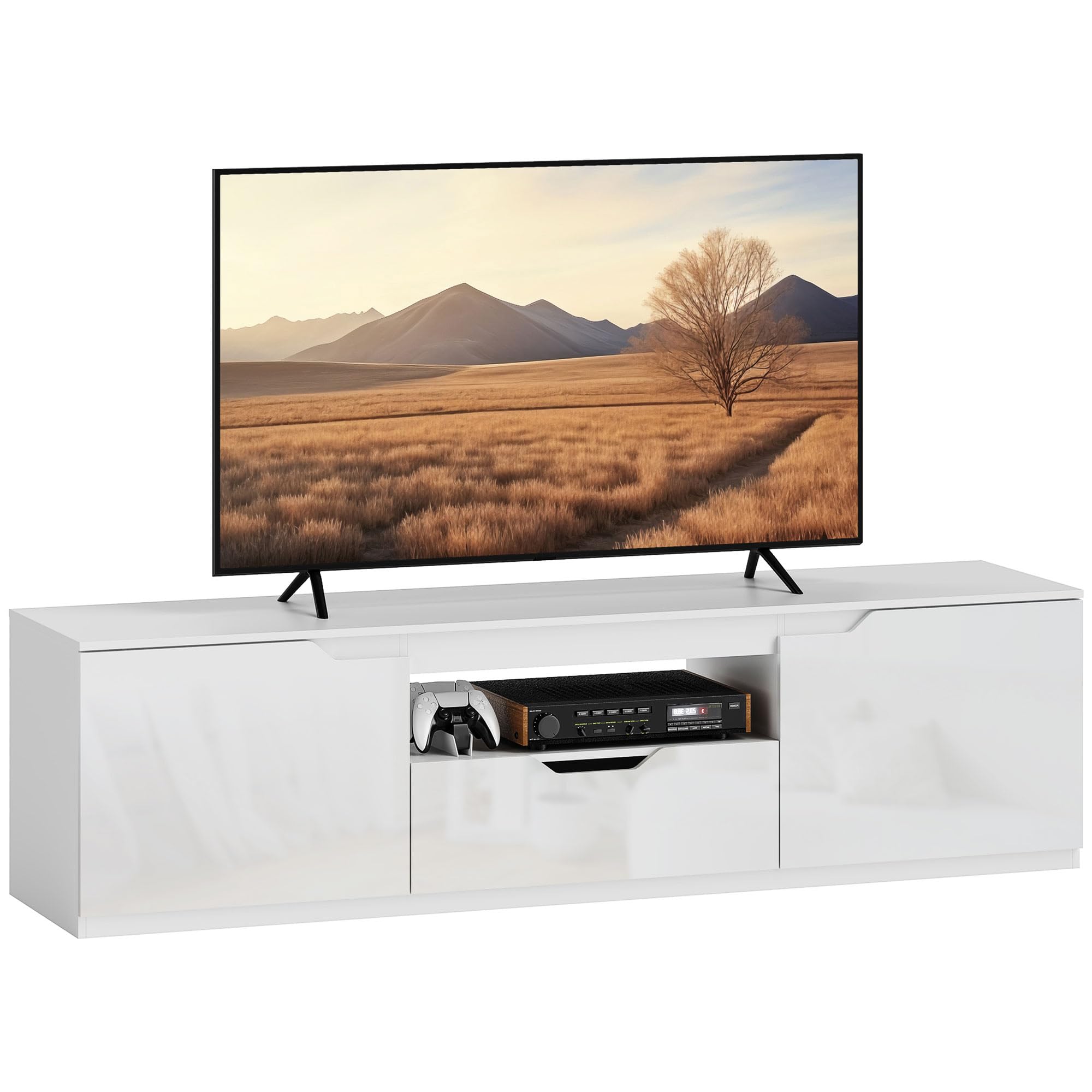 HOMCOM TV Schrank Lowboard, 160 cm, Weiß für Fernseher bis zu 65 Zoll | 2 Türen, Schublade, Fernsehtisch, TV Board mit Kabelmanagement, für Wohnzimmer
