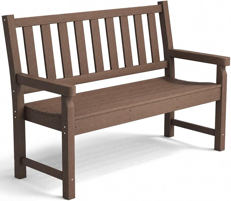 Outdoor Bench 49" All-Weather HDPE 2-Person Patio Loveseat Brown | 528 lbs Capacity, Curved Seat, Garden Bench, Backyard, Park, Porch, Lawn