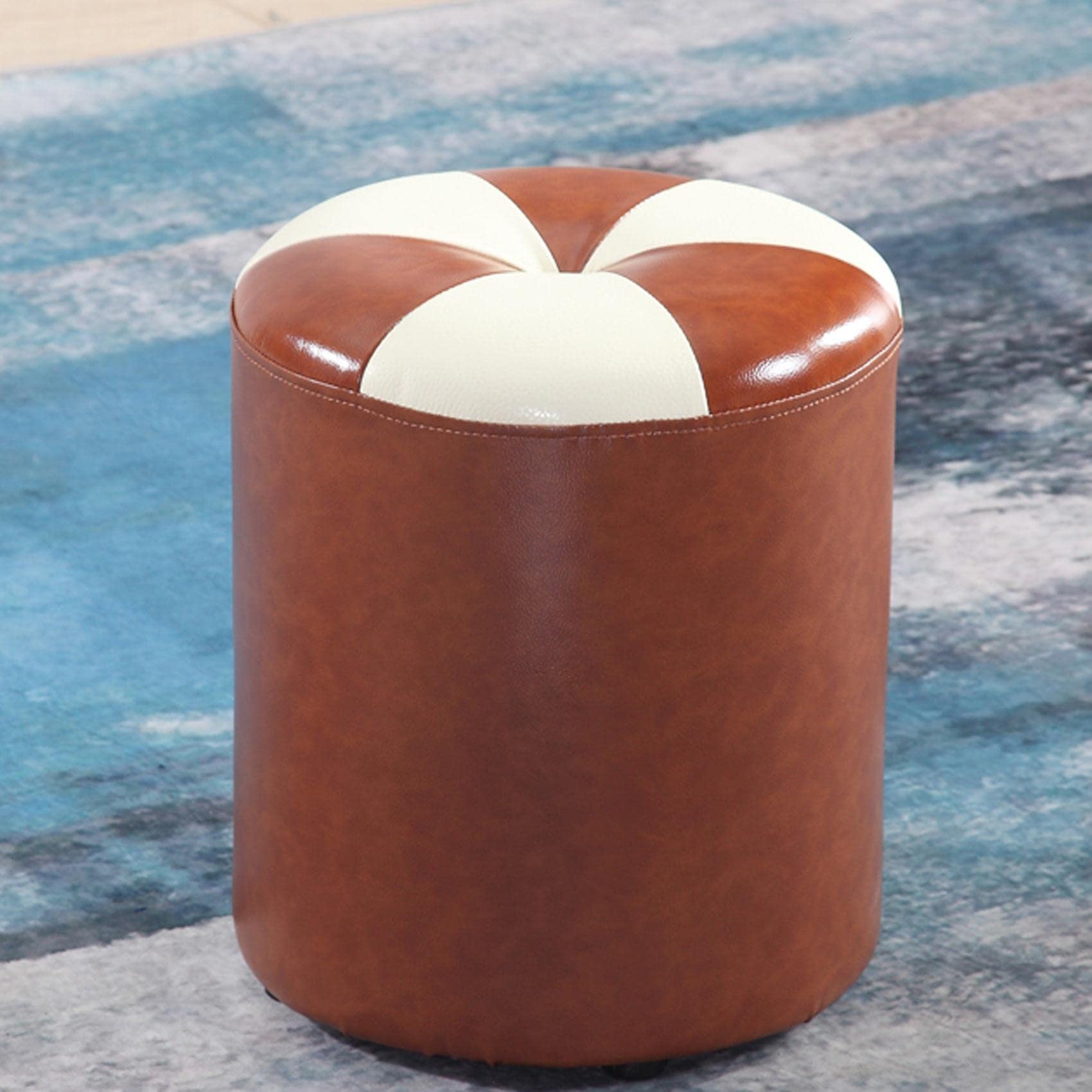 Pouf repose-pieds rond en cuir marron et beige 32x35cm pour salon et chambre