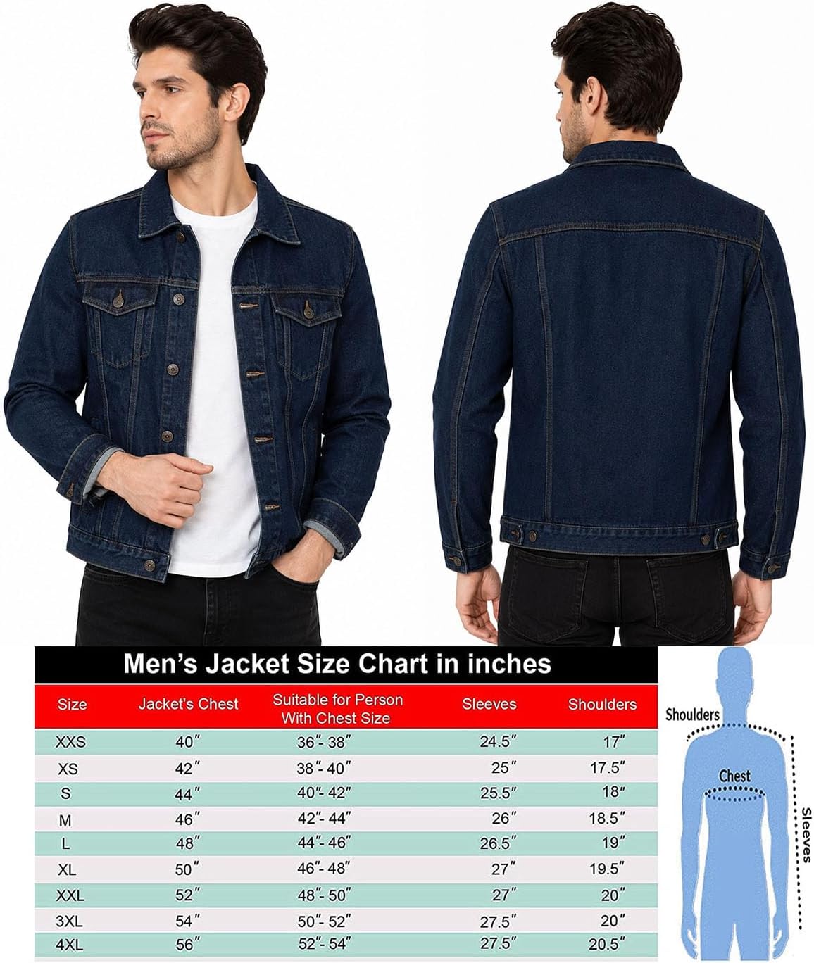 Mens Denim Jacket - Premium Dark Blue Denim Trucker Jacket Men Classic Western Jean Jacket