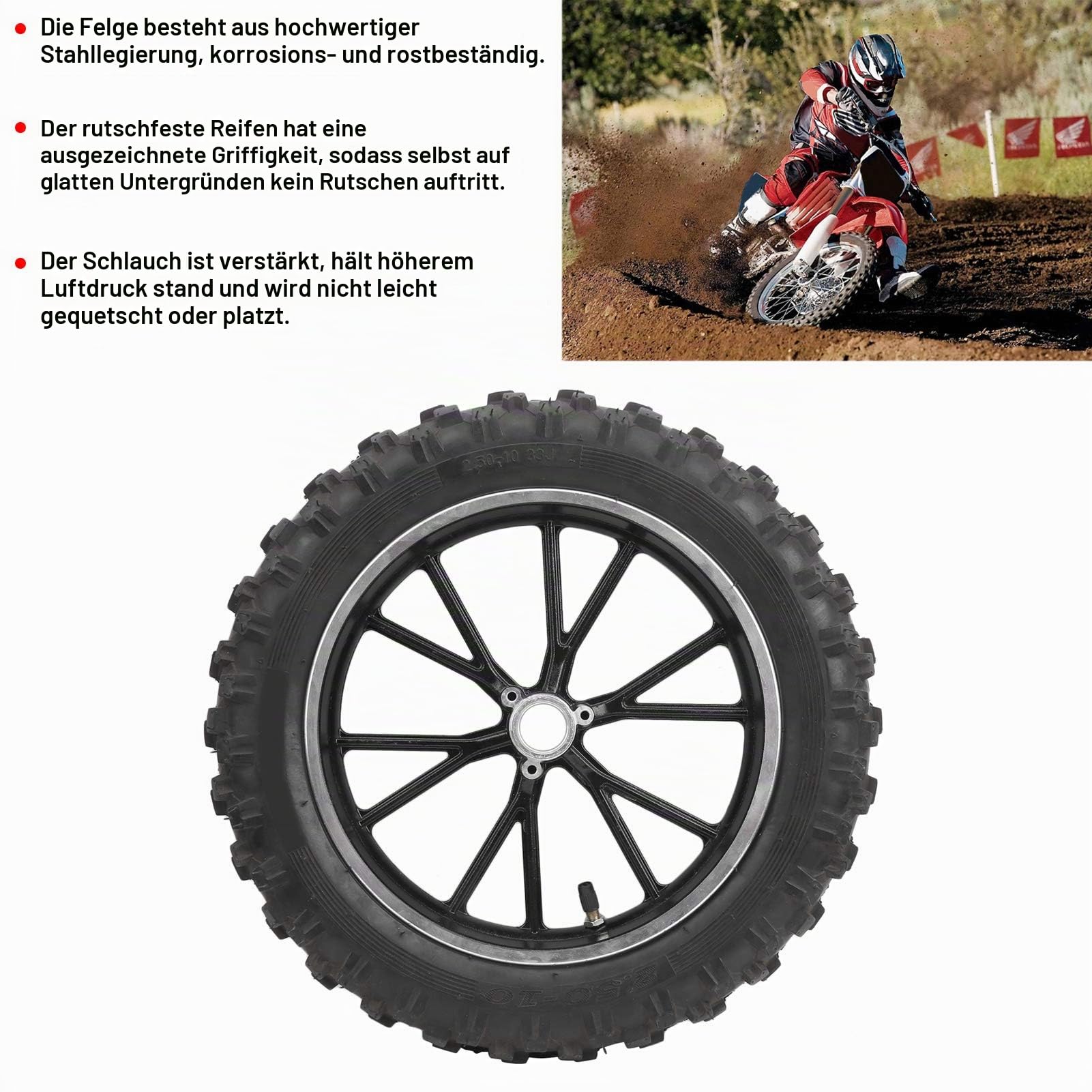 Yctze 10in Reifenrad Felge, 2.5010in 60/10010 AntiRutsch Reifen für PIT PRO Trail Dirt Bike Thumpstar, Ersatzreifen aus Gummi, Dirt Bike Zubeh?r