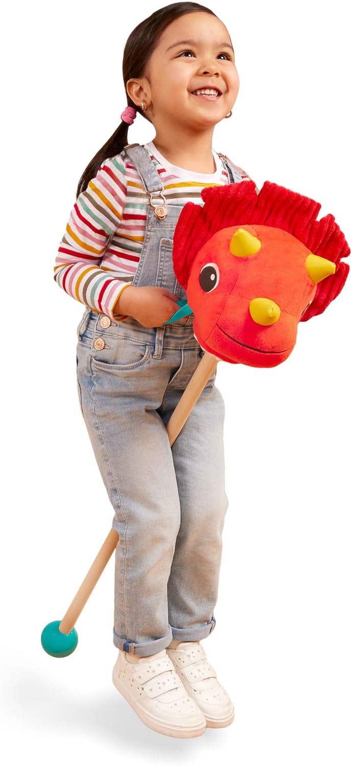 B. toys Dinosaur Hobby Horse - Plush Stick Horse Toy - Wooden Pole & Sensory Textures - Realistic Sounds - 2 Years + - Hop 'n' Ride - Tommy Triceratops