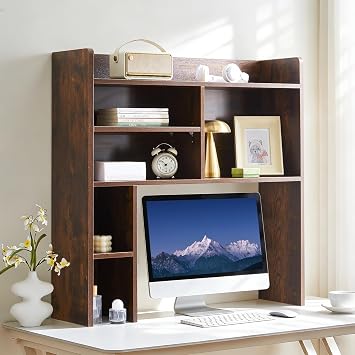 TUKAILAi Desktop Bookshelf Organizer, Countertop Storage Hutch with 7 Shelves for Desk, Dorm Desk Hutch Wood Display Rack for Home Office Brown