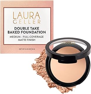 LAURA GELLER NEW YORK Baked Double Take Fond de Teint Poudre Matifiant, Poudre Fond de Teint Longue Tenue, Couvrance Totale, Fini Mat Respirant, sans Effet Masque, avec Ingrédients Anti-Âge, Porcelain