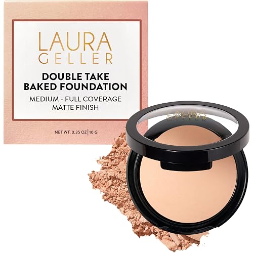 LAURA GELLER NEW YORK Baked Double Take Powder Foundation – Longwear Buildable Medium to Full Coverage – Matte Finish – Non-Caking Formula – Handmade in Italy – Mature & Sensitive Skin – Porcelain