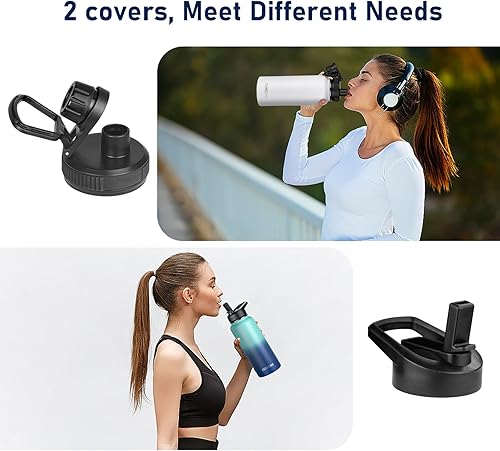 Miniatura 5 de Botella de agua aislada con popote y 3 tapas, botellas de agua de acero inoxidable de 40 onzas, botella de agua deportiva de metal de doble pared