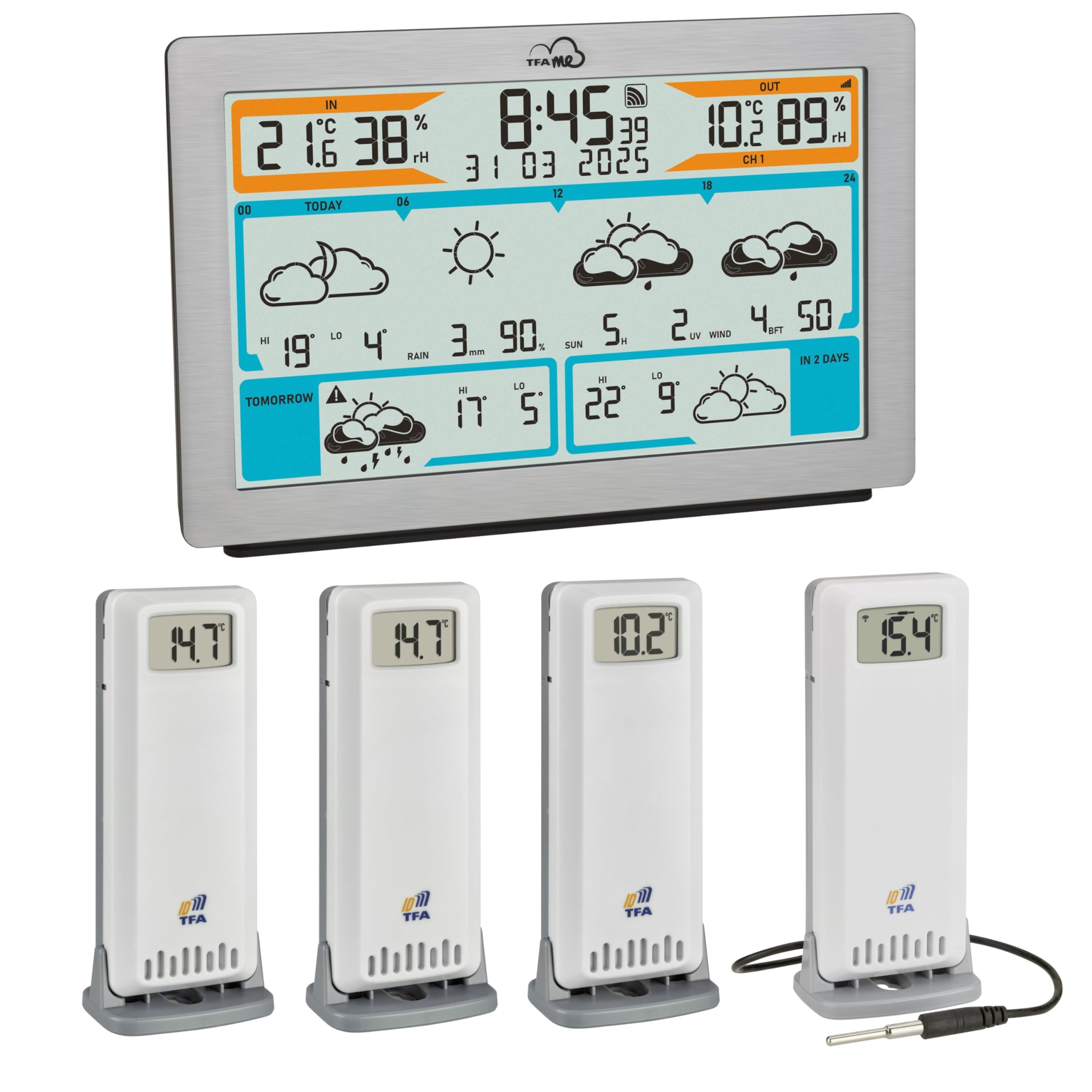 TFA Dostmann WLAN Wetterstation TFA.me ID-02, 35.8100.54.99 spezial, Profi-Wettervorhersage durch wetter.com 3 bis 6 Tage, Online-Portal, inkl 4 Funk Außensensoren, Max-Min-Werte, Warnfunktion