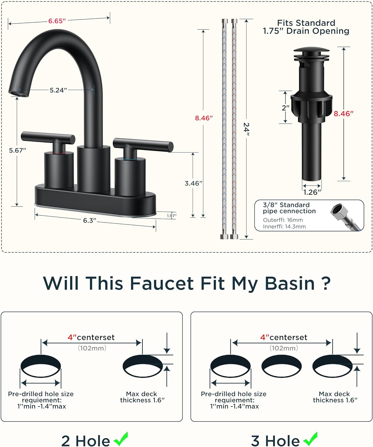 FORIOUS 4 Inch Centerset Bathroom Faucet Black 2 Hole, Two Handle Matte Black Faucet for Bathroom Sink with Pop Up Dain, 24" Supply Line, and 360° Rotating Spout of 4" Vanity - Image 8