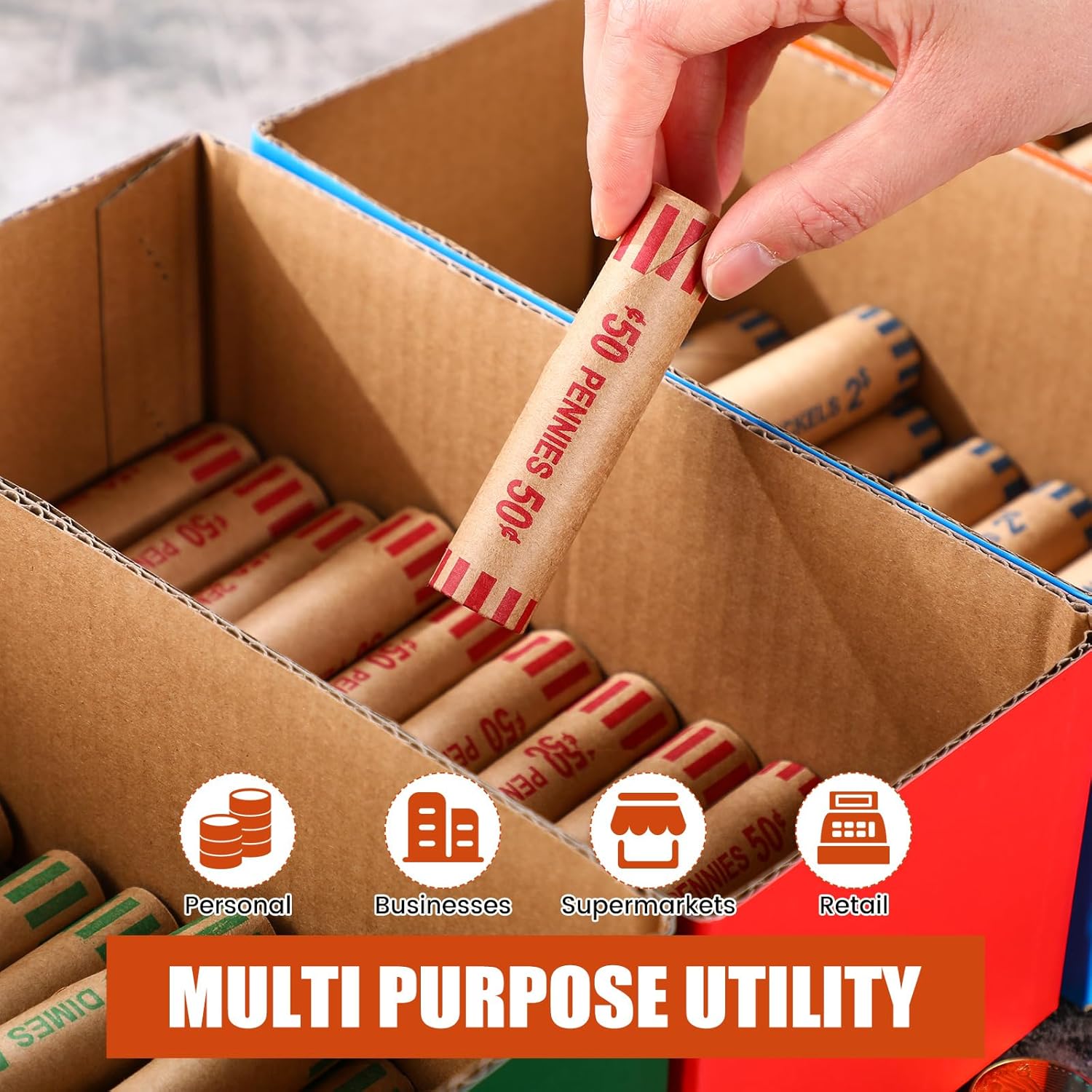 Feifeiya 20 Pcs Coin Trays for Rolled Coins High Capacity Sorting Tray Corrugated Paper Box for Penny, Nickel, Dime, Quarter Stackable Sorter Tray Color Coded Holder Organizer